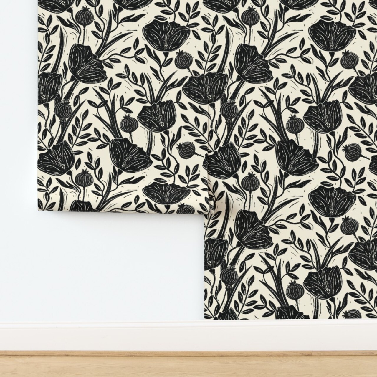 Black Floral Retro Poppy Botanical Linocut Cottagecore Stamped Texture Custom Removable Wallpaper by Spoonflower Peel & Stick Wallpaper 2FT Wide